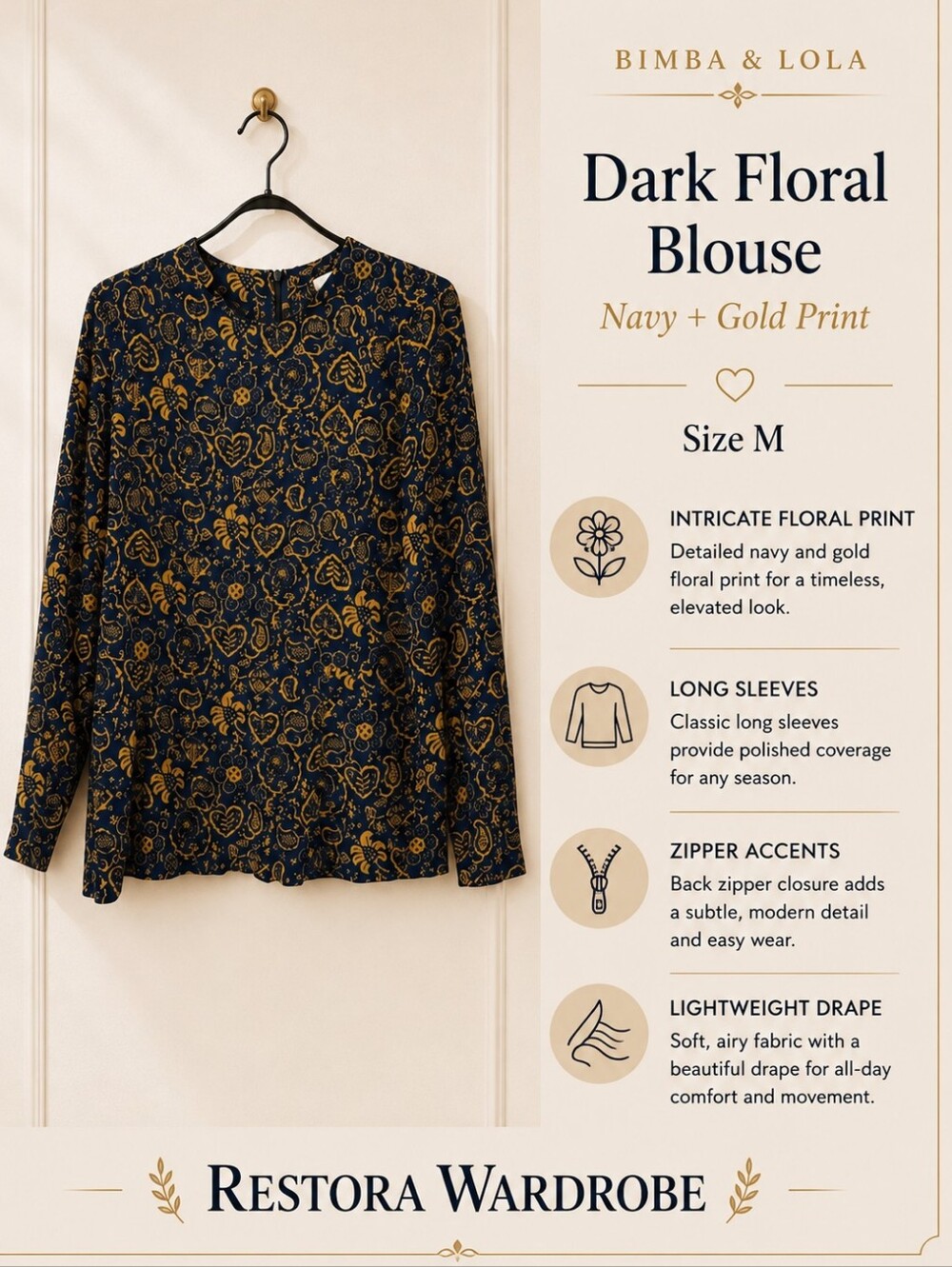 Bimba y Lola Dark Floral Boho Navy Gold Long Sleeve Blouse M